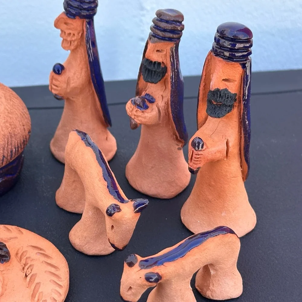 Blue Glaze Terrracota Mexican Nativity Set Folk Art Hand Painted Pottery 11 Pcs